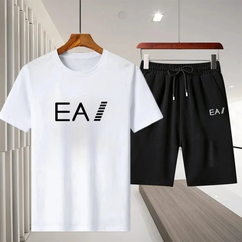 2026 Summer New Men Crew Neck Short Sleeve T-Shirt Sports Shorts 2 Piece Set Breathable Quick Dry Comfortable Casual Fitness