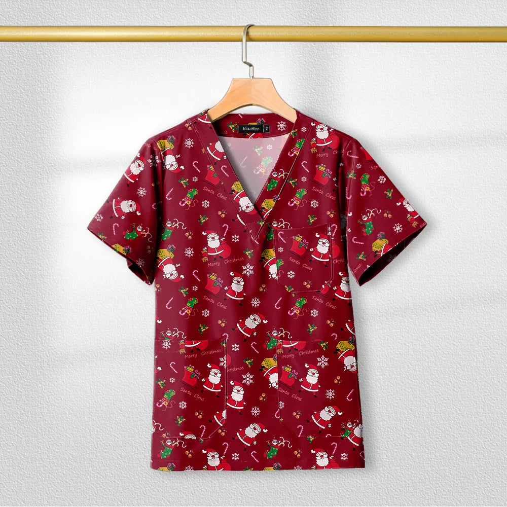 Short Sleeve V Neck Print Christmas Uniform Nursing Tops Male Scrub Nurse Working Uniforms T-Shirts Workwear Women Beauty Scrubs