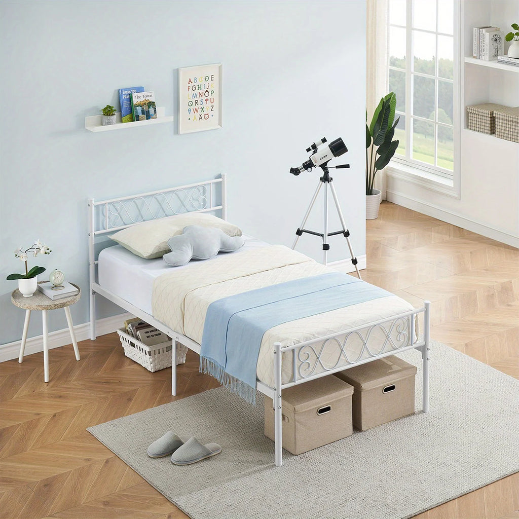 Twin-Sized Metal Bed Frame with a Headboard And Footboard Showcasing an Iron Heart Motif, Designed As a Platform Bed That Doesn
