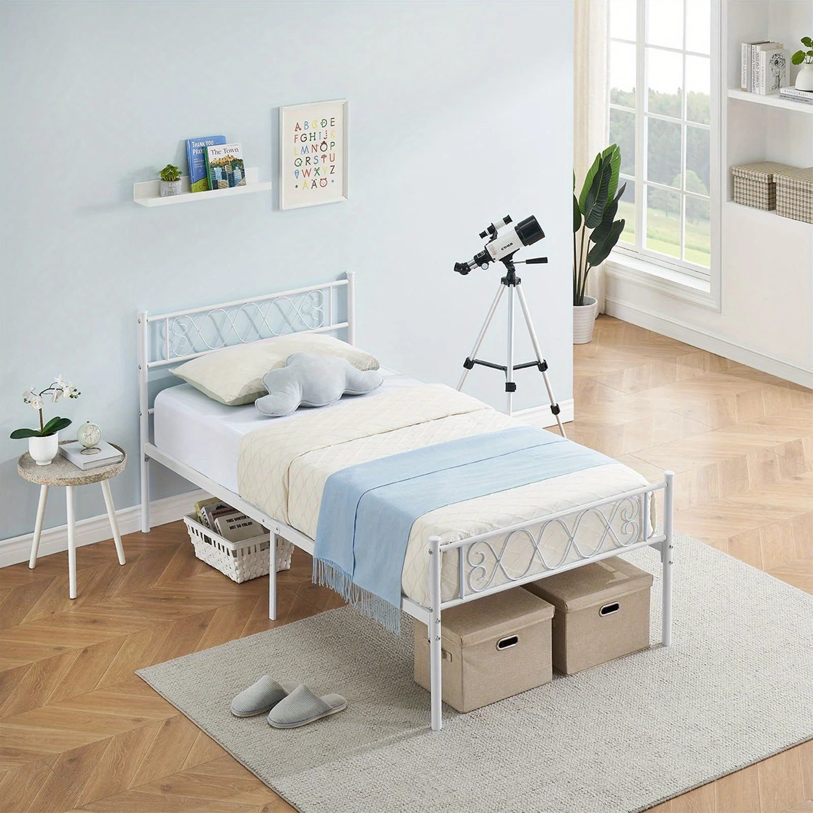 Twin-Sized Metal Bed Frame with a Headboard And Footboard Showcasing an Iron Heart Motif, Designed As a Platform Bed That Doesn