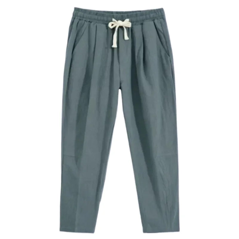 Mens Lightweight Cotton Pants Casual Solid Color Sweatpants Straight Drawstring Baggy Streetwear Breathable Ninth Pants
