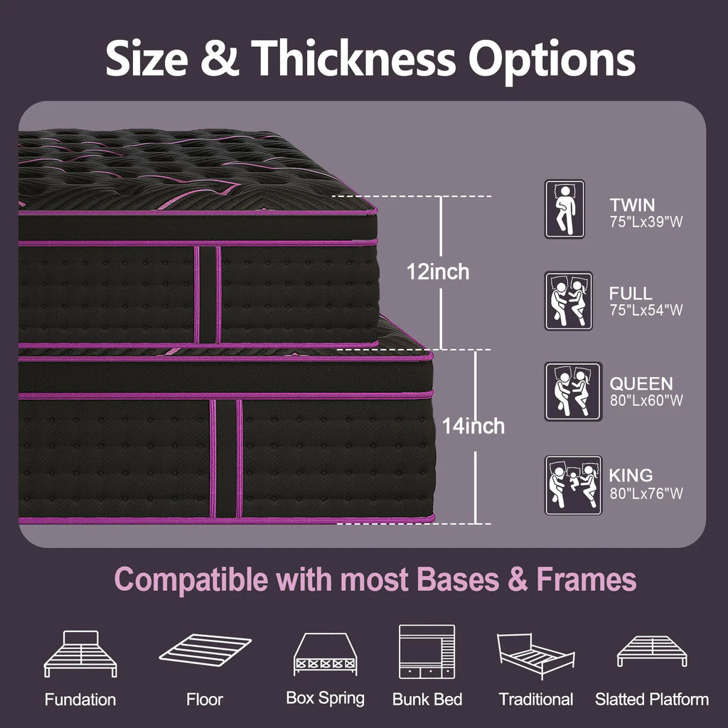 12/14in Hybrid Gel Memory Foam Mattress with Pocket Spring, Medium Firm, Motion Isolation Mattress in a Box