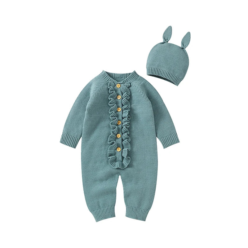 Infant Baby Rompers Knit Newborn Girl Boy Jumpsuit Long Sleeve Autumn Toddler Child Clothes Hat 0-18M Fashion Solid 2PC Overalls