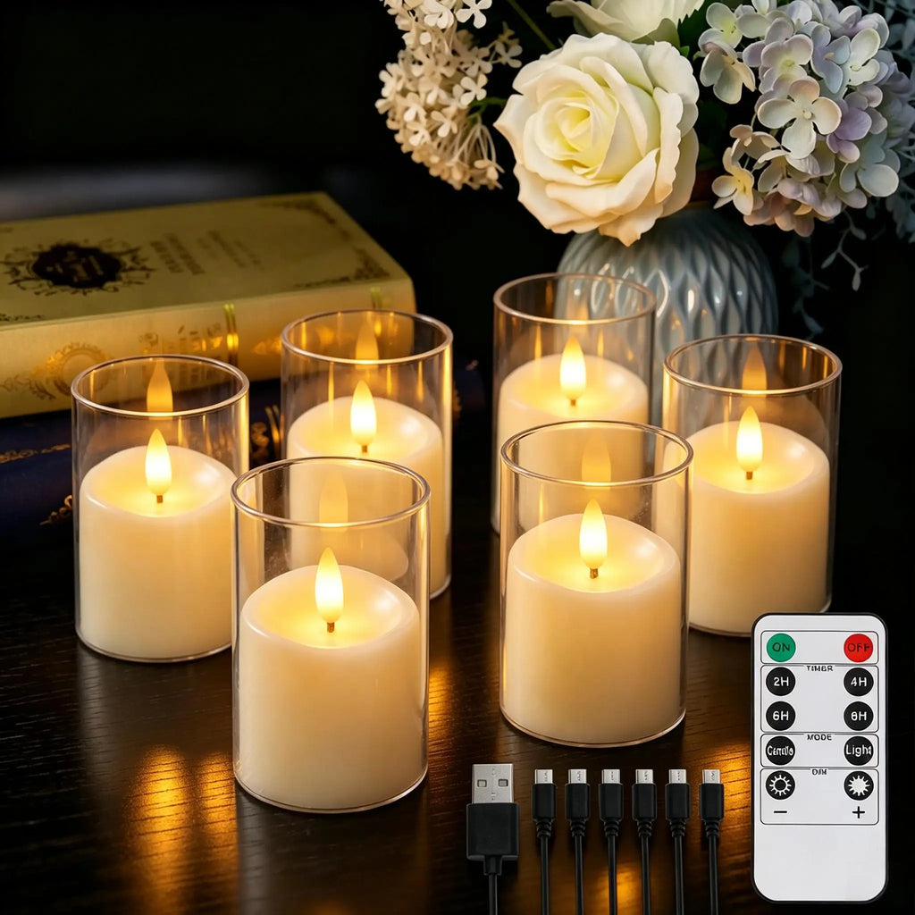 6Pcs Rechargeable Flameless LED Light Candles Crystal Clear Transparent Electronic Night Lamp Flickering Wedding Party Decor