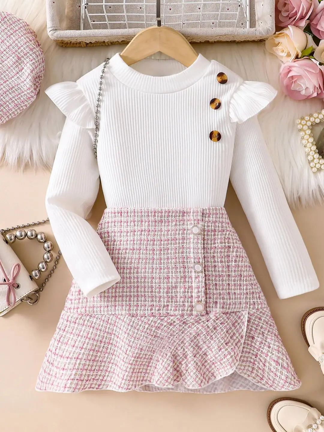 2-Piece Set for Girls: Spring and Autumn Thin Skirt Set, Children's Comfortable and Soft Simple Solid Color Round Neck Pullover Knit Top with Button Decoration + Plaid Print Button-Decorated Asymmetrical Hem Short Skirt Set.
