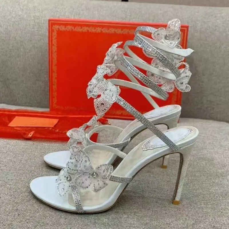 Luxury Rhinestones Flowers Women Gladiator Sandals Sexy Snake Twine Ankle Strap High heels Summer Wedding Prom Shoes Sandalias