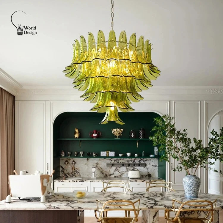 French Murano Glass Chandeliers for Dining Room Bed Room Retro Green Glass Hanging Pendant Lamps for Lobby Kitchen Island Bar