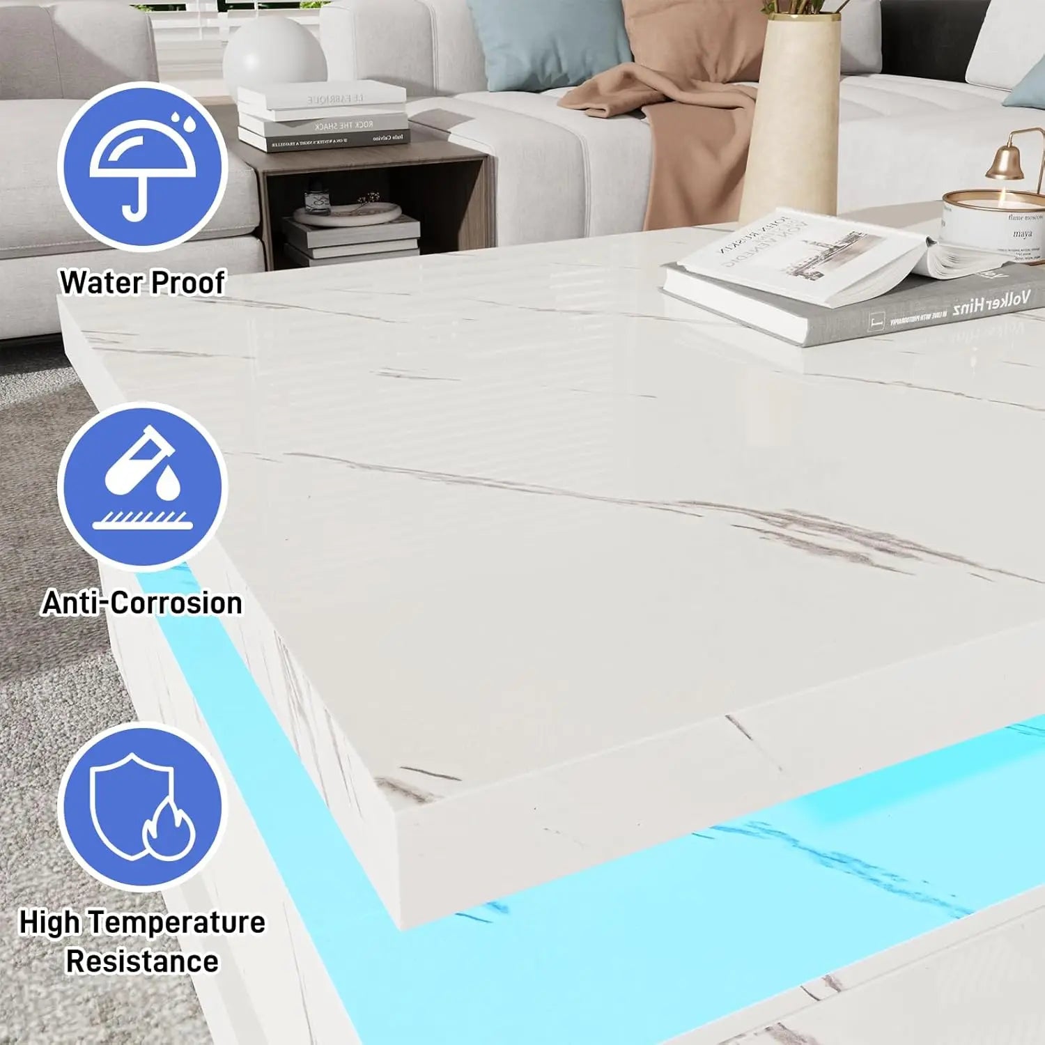 47.2 inch Modern High Glossy LED Coffee Table with 2 Sliding Drawers, Double-Layer Center Tables with LED Lights, Customized