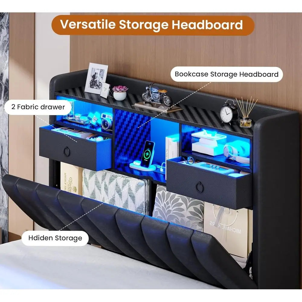 Twin Size Bed Frames with Storage Headboard and Two Large Drawers, Gaming Bed with RGB Lighting and Charging Station, Leather Up