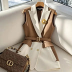 Spring Summer Jacket Vest Color Block Coffee Sleeveless Blazers Waistcoat Retro Female Outerwear All-match Fashion Office Lady