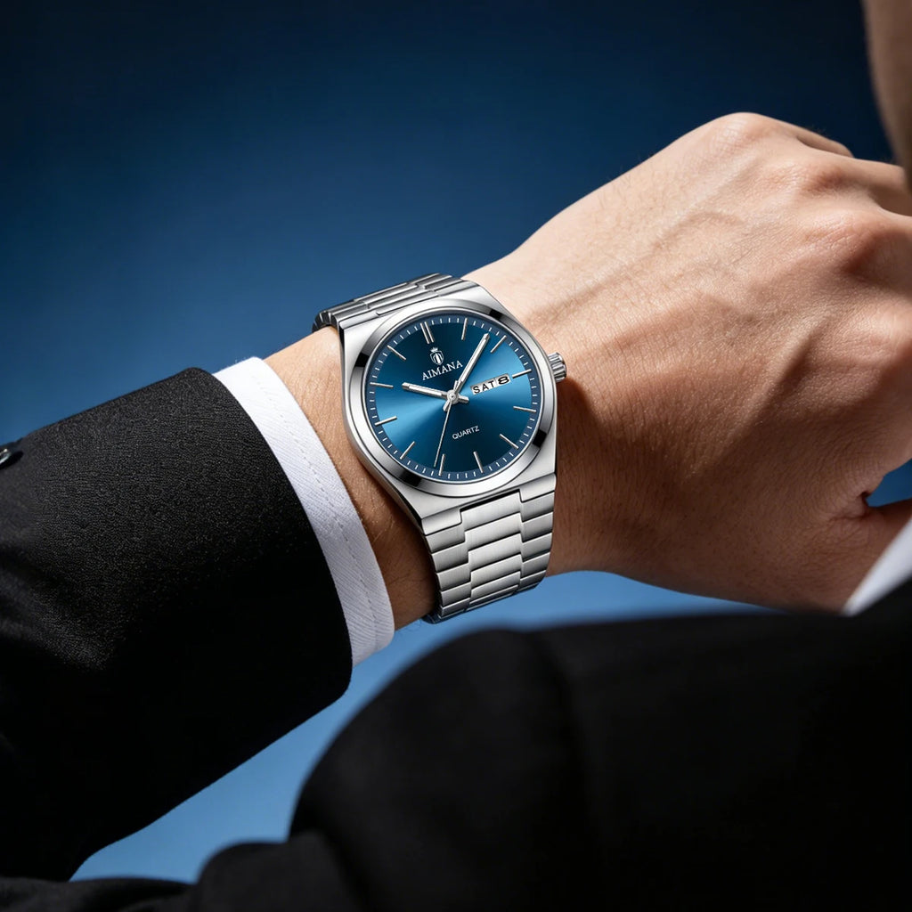 AIMANA Men's Luxury Stainless Steel Strap Watch Waterproof Luminous Date Casual Fashion Quartz Wristwatch Gift for Men