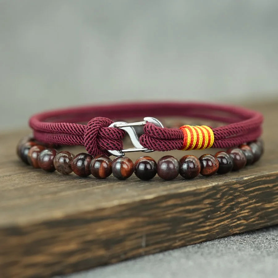 Business 2Pcs Luck Red Bracelet Set Men 6mm Stone Beads Handmade Nylon String Wristband Valentine Day Gift For Husband Jewelry
