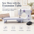 A sewing machine suitable for beginners, with an extension table, comes with an 11-foot presser set, has 12 stitch patterns