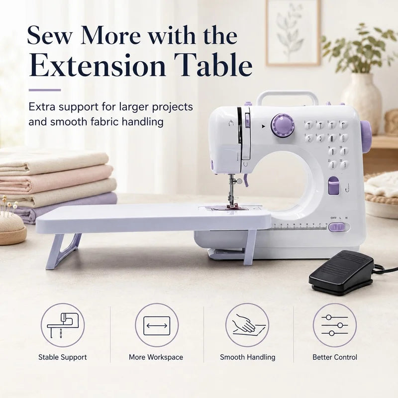 A sewing machine suitable for beginners, with an extension table, comes with an 11-foot presser set, has 12 stitch patterns