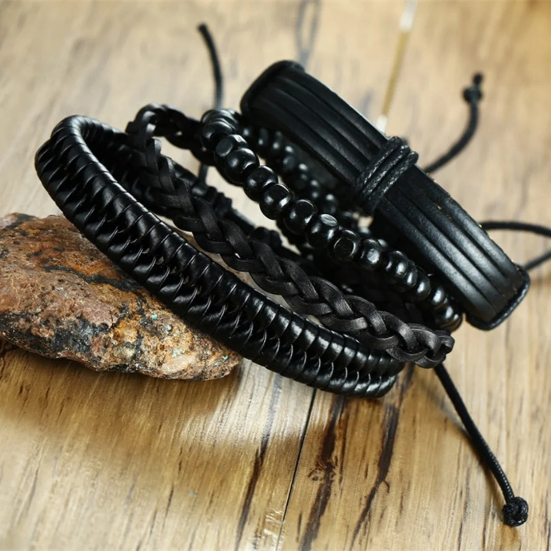4PCS Fashion Vintage Multi-layer Wooden Beads Trendy Accessories Man's Bracelet Dad Father Boyfriend  Valentine's Day Gift