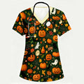 Women's Scrub Top Halloween Pumpkin Black Cat Ghost Print V-Neck Short Sleeve Pockets Medical Uniform Nurse Hospital Workwear