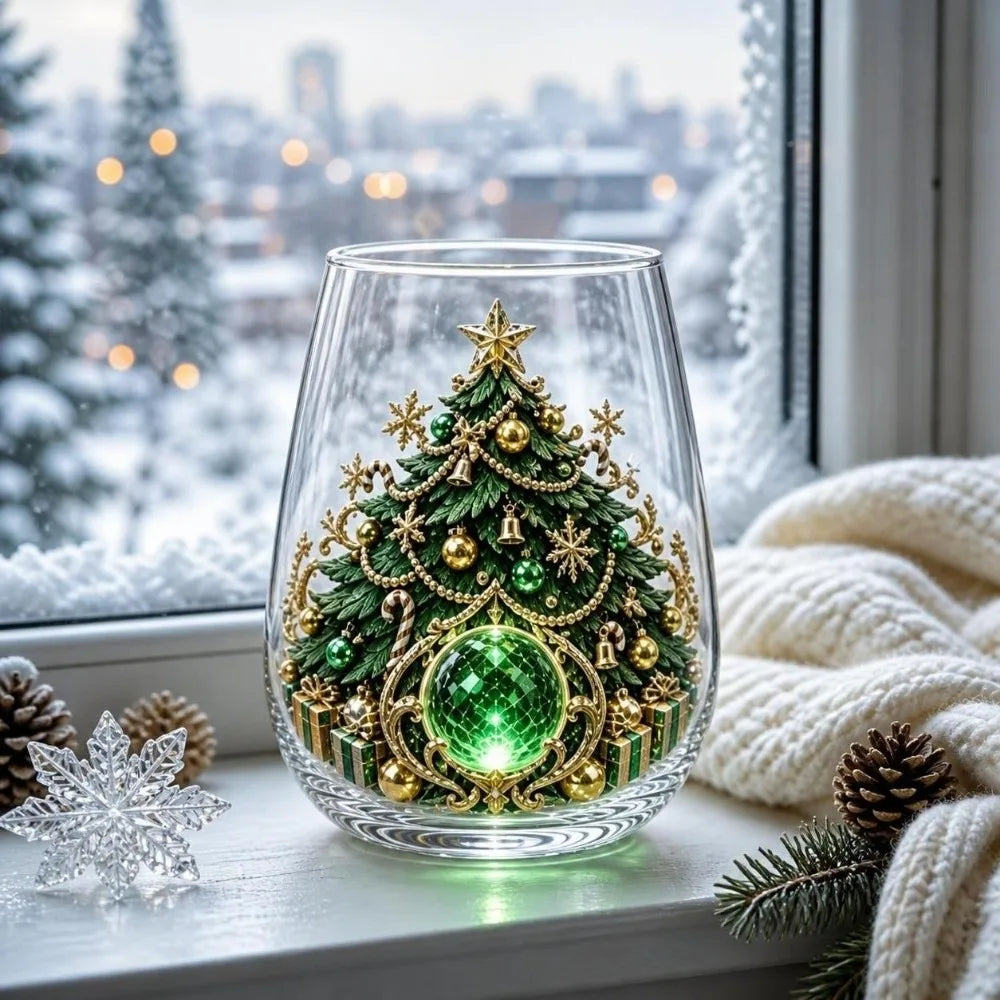 Drinking Glass 2D Print Christmas Wine Glass Snowman Santa Claus Christmas Art Cup Tree Reindeer Clear Stemless Glass Gifts