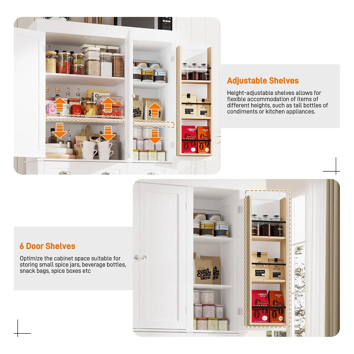 71in Kitchen Pantry Cabinet Doors & Adjustable Shelves, Freestanding Storage 2 Drawers for Dining Living Hallway, Customized