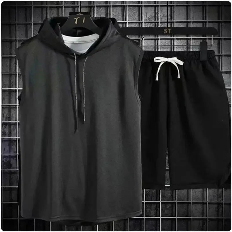 2025 summer new men's two-piece casual T-shirt and shorts set men's sports set fashionable short sleeved sports set hooded T-shi