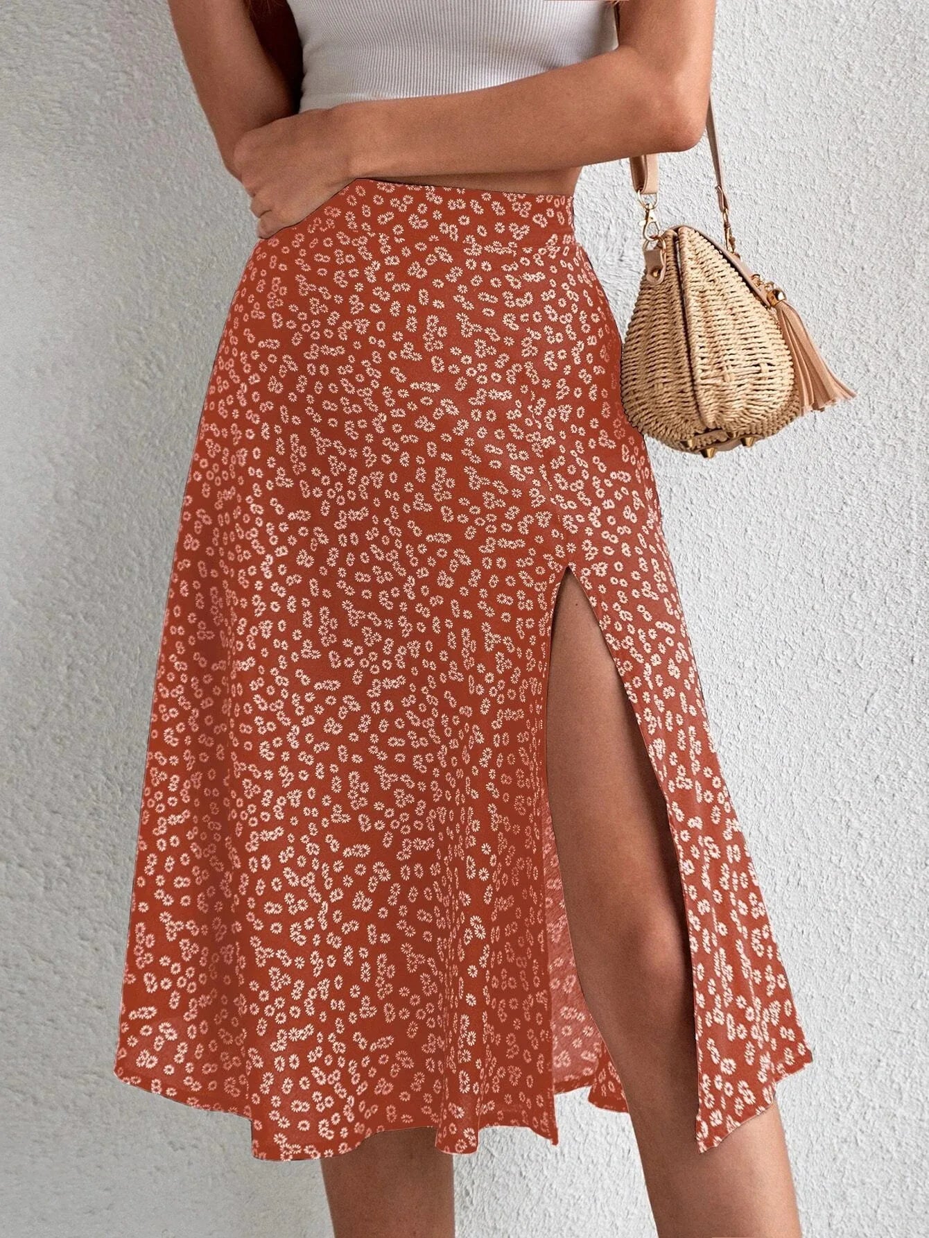 2023 Summer New European and American Floral Half Skirt  Cross border Foreign Trade Split A-line Wrap Hip Mid Waist Long S
