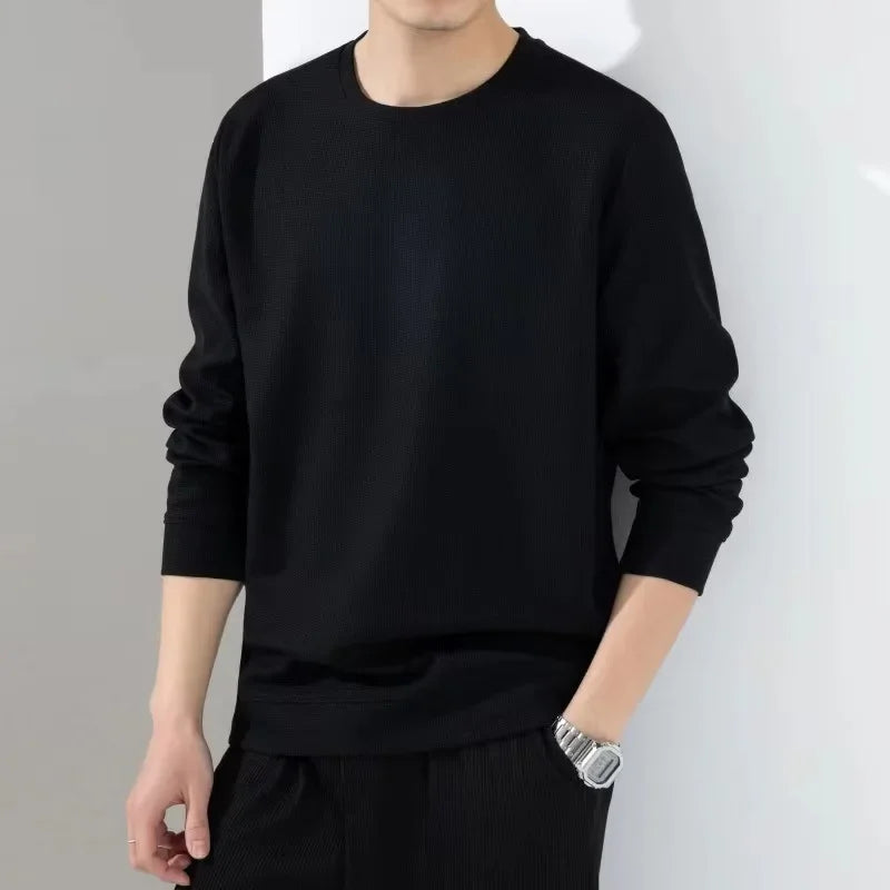 Men Long Sleeve t-Shirt Tops Fashion Waffle t Shirt o Neck Slim Fit t-Shirts Comfortable Tee Soild Casual Tshirt Man Clothing