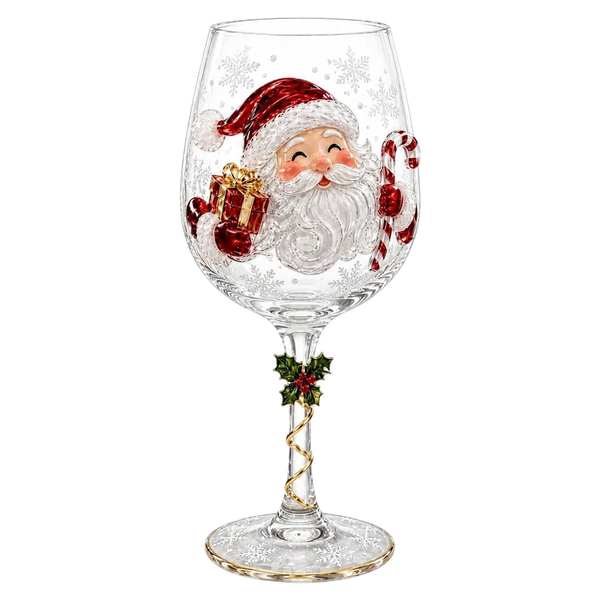 Holiday Stemware Christmas Wine Glass 2D Art Santa Snowman Reindeer Clear Goblet Party Cup