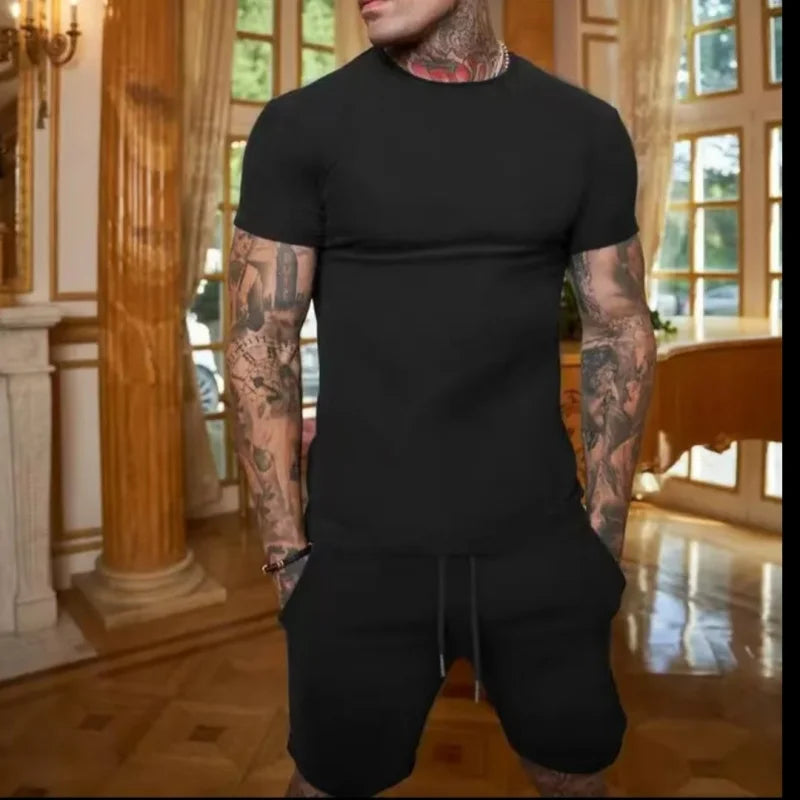 2026 Men's running Sets Short Sleeve T-shirt+Shorts 2-piece Sets Slim Fit Mesh Breathable Jogging Gym Sportswear Clothing summer