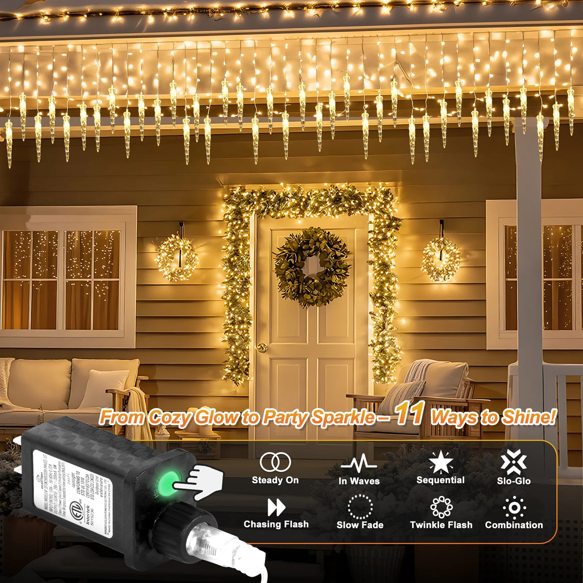 35ft 320 LED Icicle Christmas Lights, Dual Color Warm White & Cool White String Light, Connectable Up to 3 Sets with Remote Control, 11 Modes Timer Memory for Indoor Outdoor Holiday Decor
