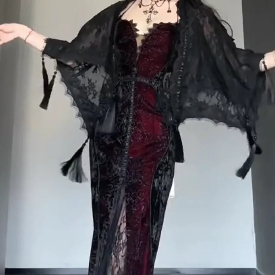 Dark Style Y2k Lace New 2 Piece Set Women Chic Shawl Cardigan Long Dress Suit Gothic Sexy Strap Bandeau Dress Sets Summet 2025