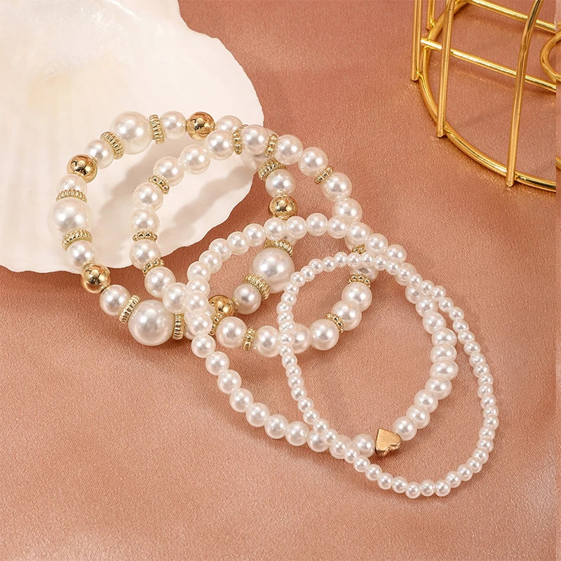 4Pcs Trendy Pearl Love Beaded Bracelet Set For Women Beads Adjustable Elastic Chain Bangle Female Luxury Party Jewelry Gift