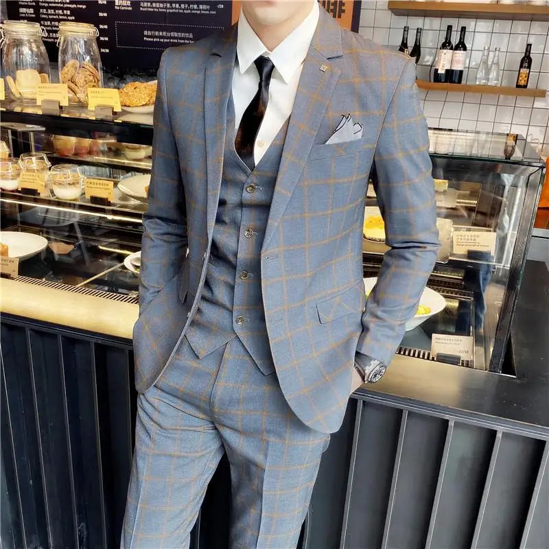 2023 Men's British Fashion Three-piece Set Slim Fit Suit Vest Trousers Ensemble Handsome Trendy All-in-one Banquet Blaze