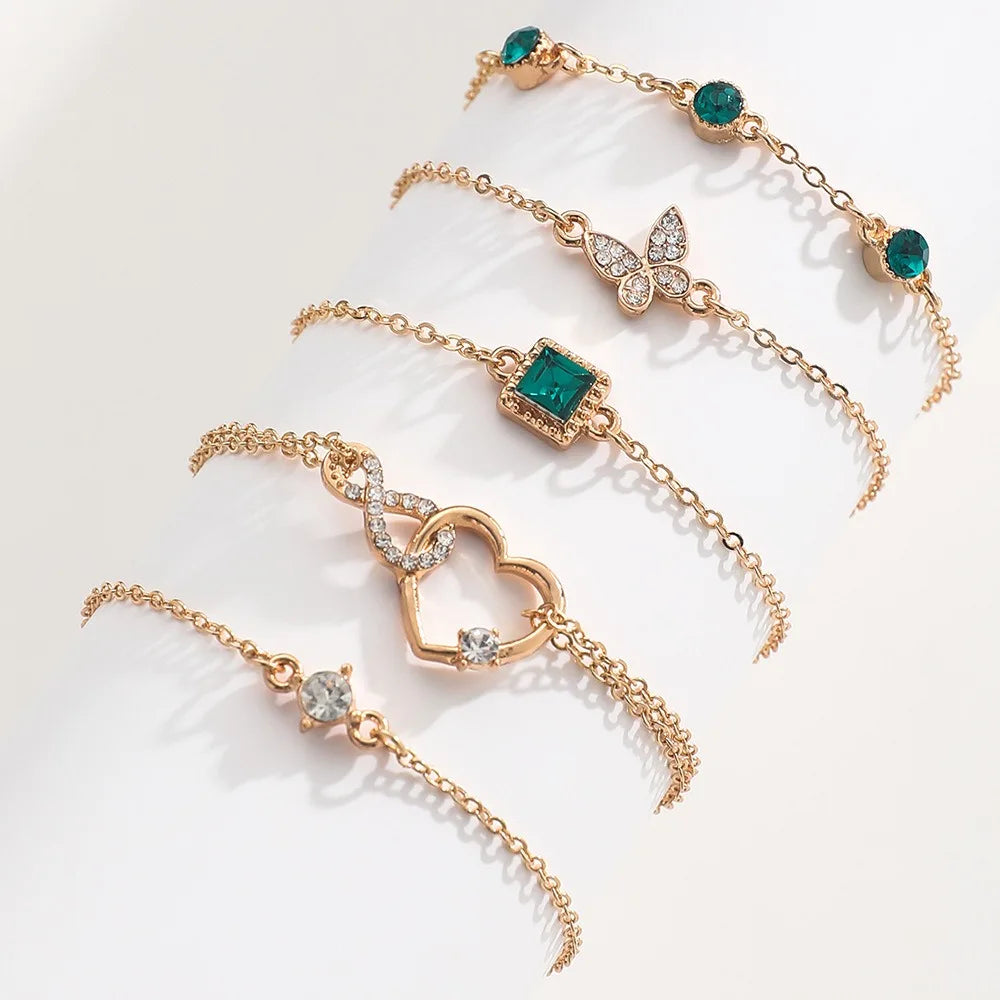 5Pcs/Set Halloween Heart Green Crystal Stone Bracelet Set for Women Gold Color Lovely Butterfly Rhinestone Girls Bracelet Set