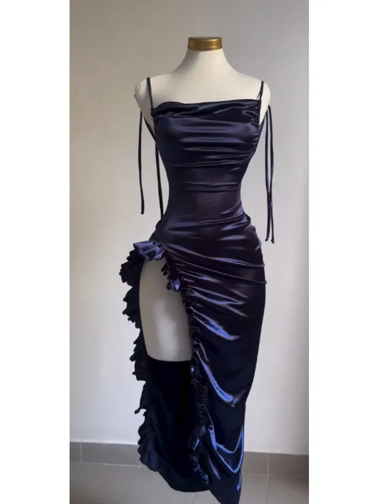 Korean Y2K Summer Sleeveless Lace-up Wrap Hip Pleated Dress Women Sexy Club Vintage Backless Bodycon Ruffles Slip Long Dresses