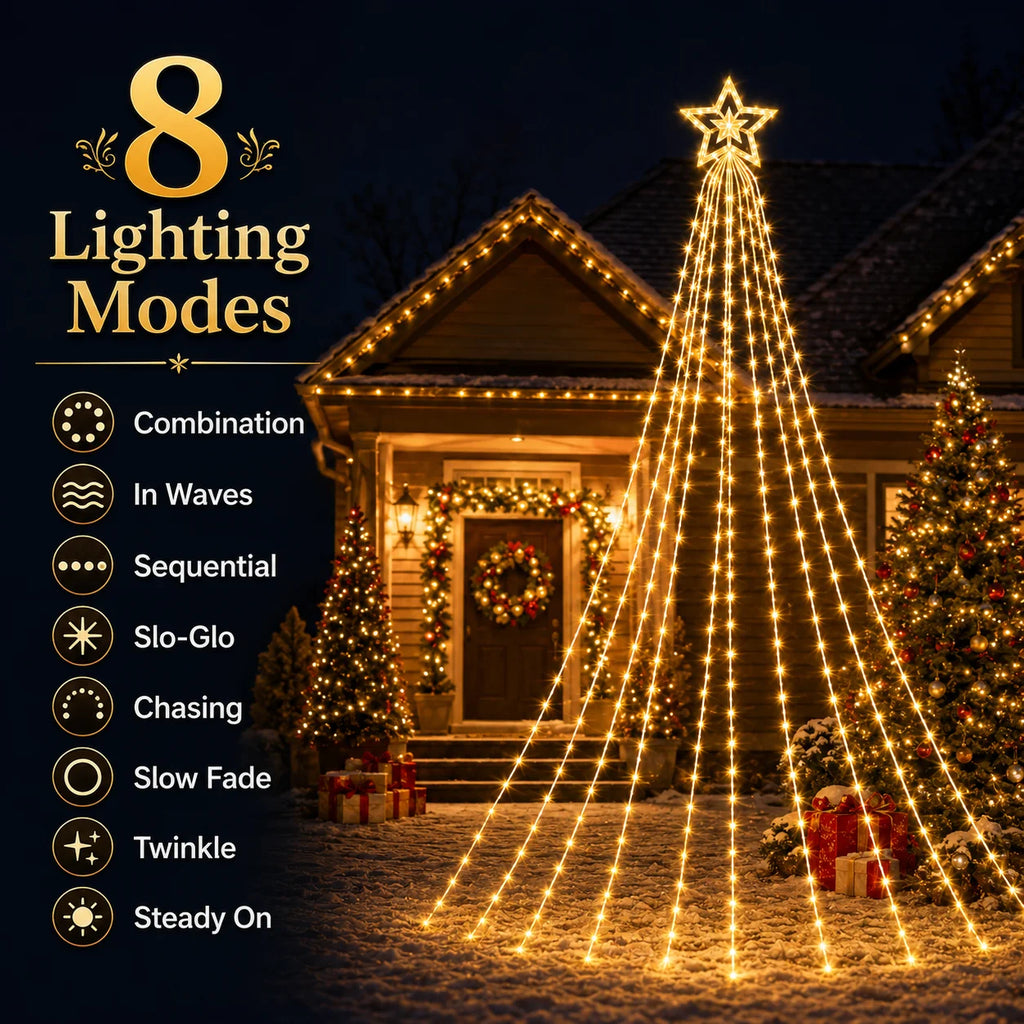Solar Christmas Tree Lights Star Waterfall String Lights 200/290LED 8 Modes Outdoor Garden Yard Patio Holiday Christmas Decor