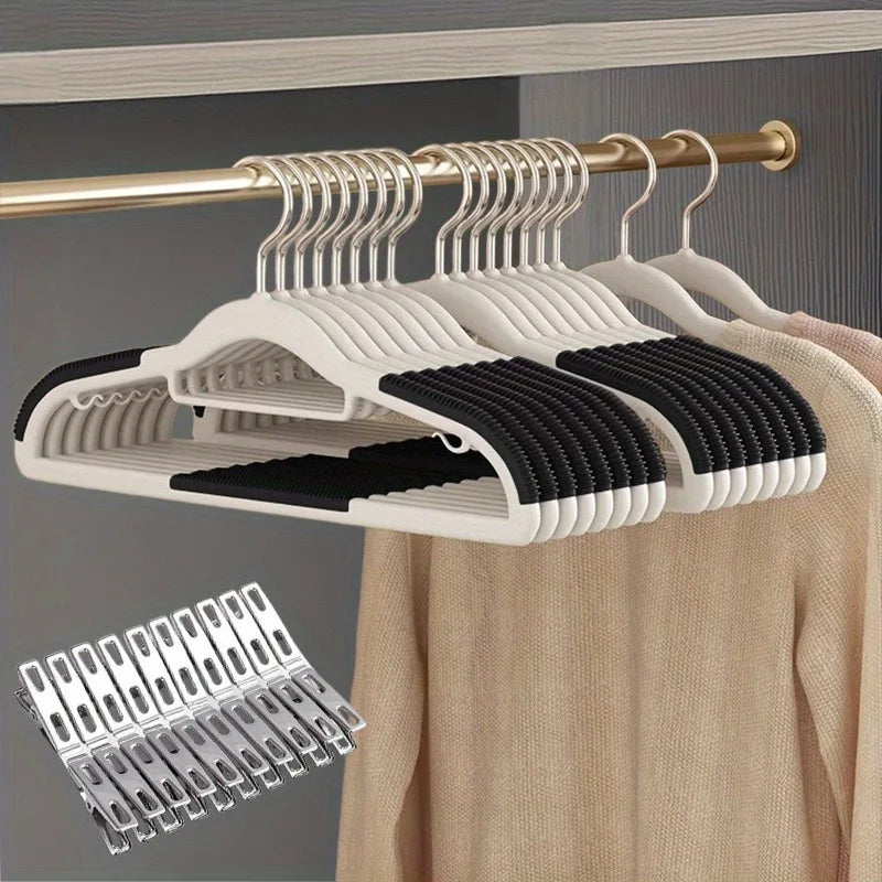 30pcs（10 hangers+20 clips） Anti Slip Hangers Set - Heavy Duty Velvet Clothing Hangers for Wardrobe, Multiple Colors