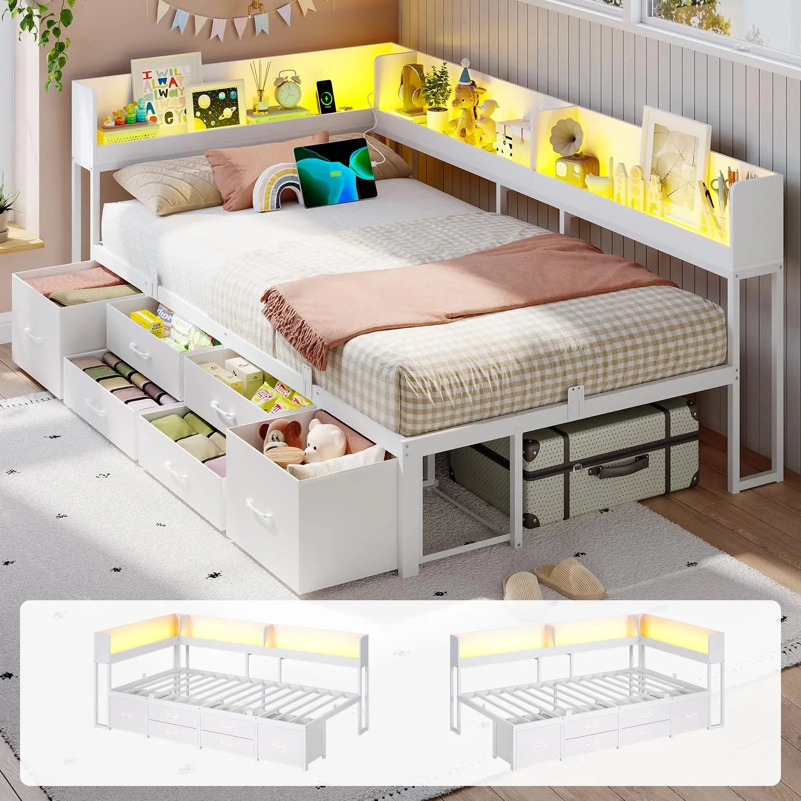 Corner Bed Frame Queen with Storage 6 Drawers, Daybed with Storage Bookcase | Daybed with LED Lights and Charging Station
