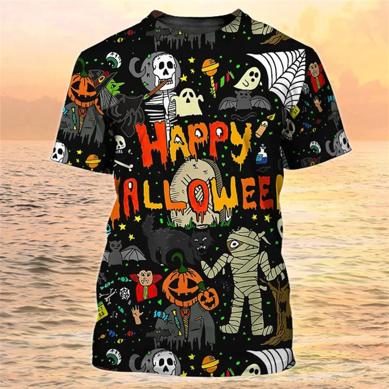 Happy Halloween Pumpkin T-shirt 3D Printed Colorful Round Neck T Shirts Men Kids Short Sleeve Tops Oversized Street Tee Shirt