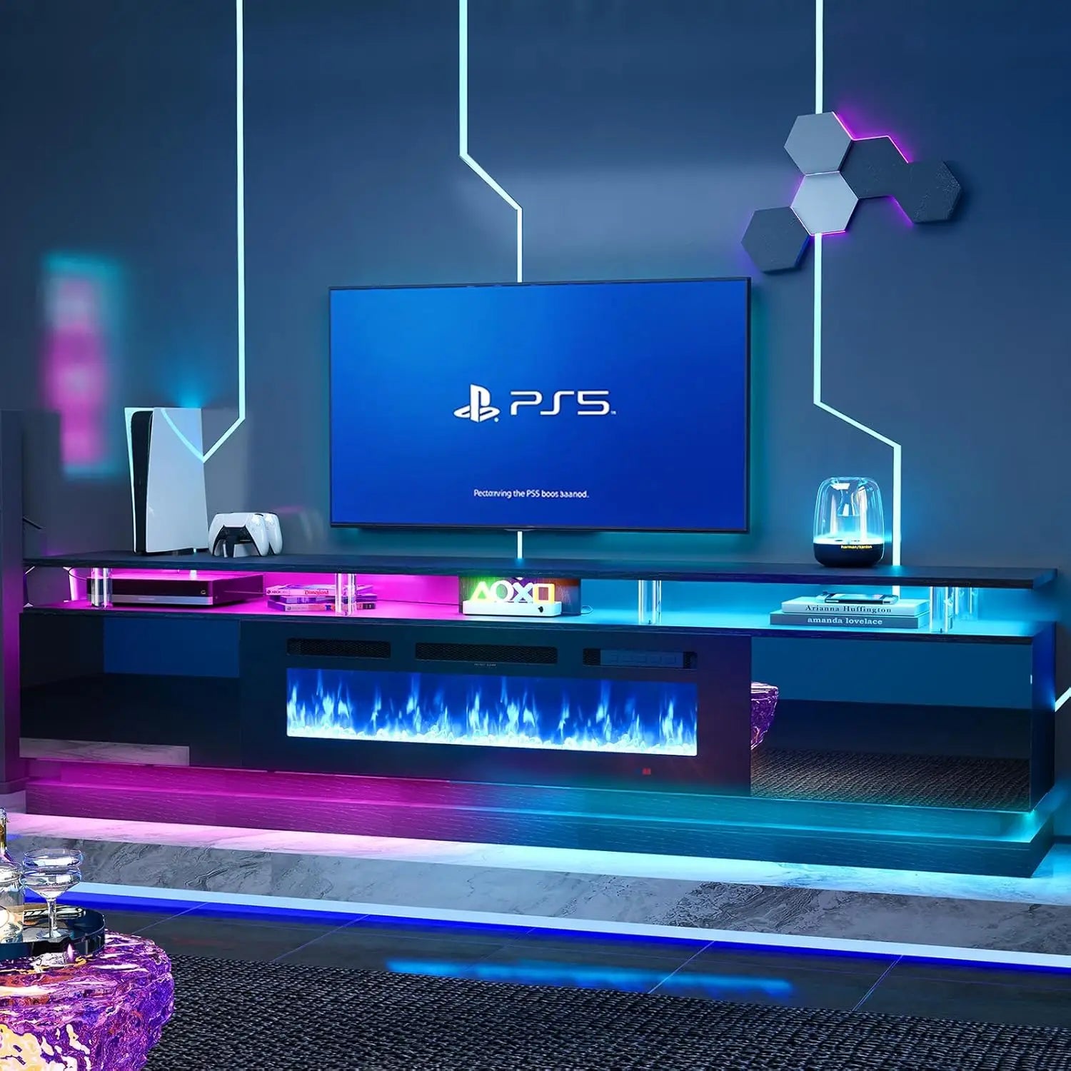 70 inch Modern TV Stand with Electric Fireplace for TVs up to 80 inches White Living Room Media Console Entertainment Center