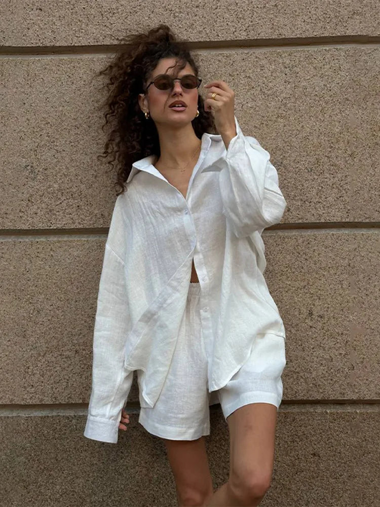 2026 Women Casual Solid Cotton Linen Pant Set Chic Laple Single Breasted Long Sleeve Shirt Elasticity Waist Pant New 2 Piece Set