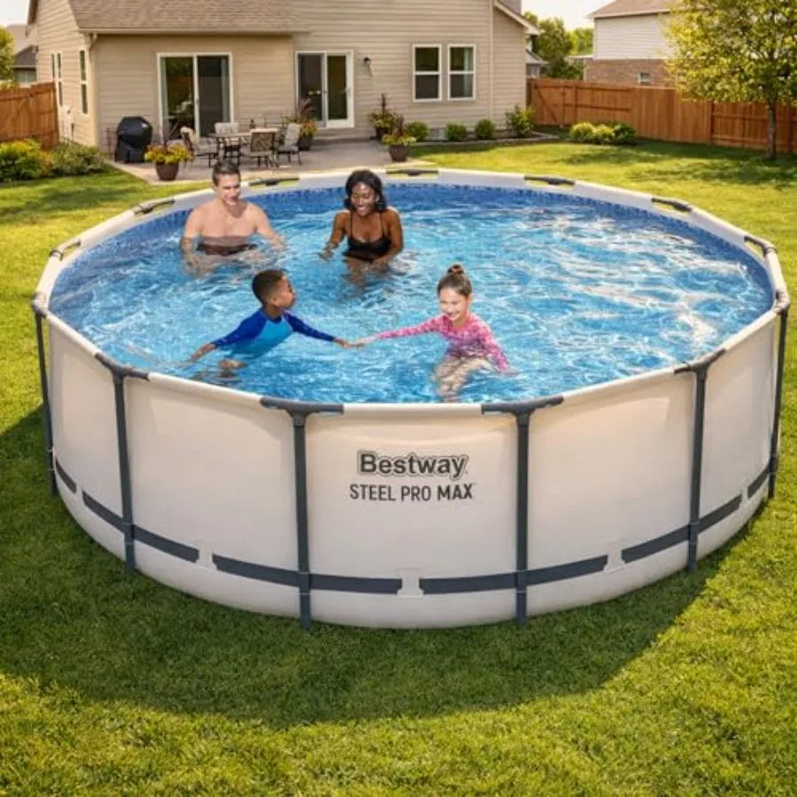 Outdoor swimming pool set for backyard use, steel frame with gray finish, includes filter pump, ladder, and cover