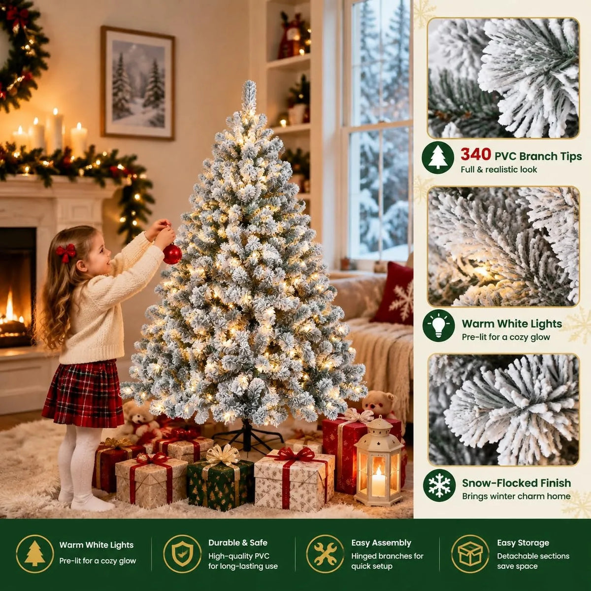 Prelit Artificial Christmas Tree with 100 Lights Snowflake Decorations Hinged PVC Branches Iron Trunk and Folding Metal Stand Green and White Holiday Decor for Living Room Home Christmas Party