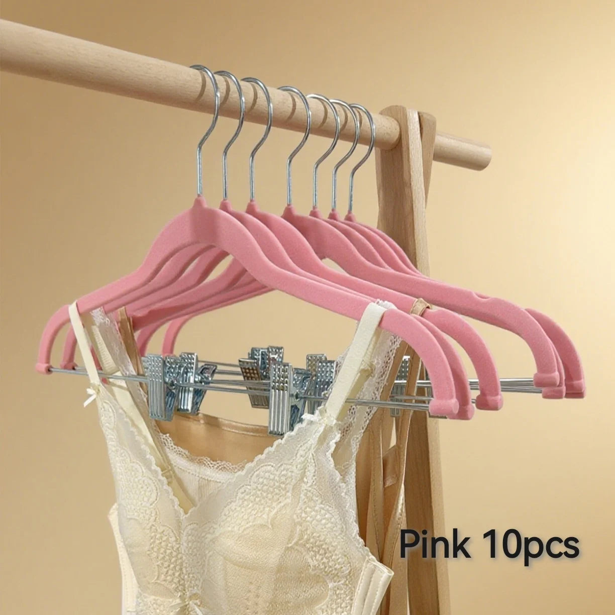 5/10 Pieces of Plastic Velvet-Coated Clothes Hangers, with Movable Strong Clips, Non-Slip and Anti-Fall, Suitable for Hanging Pants, Skirts, Bras, and Camisoles