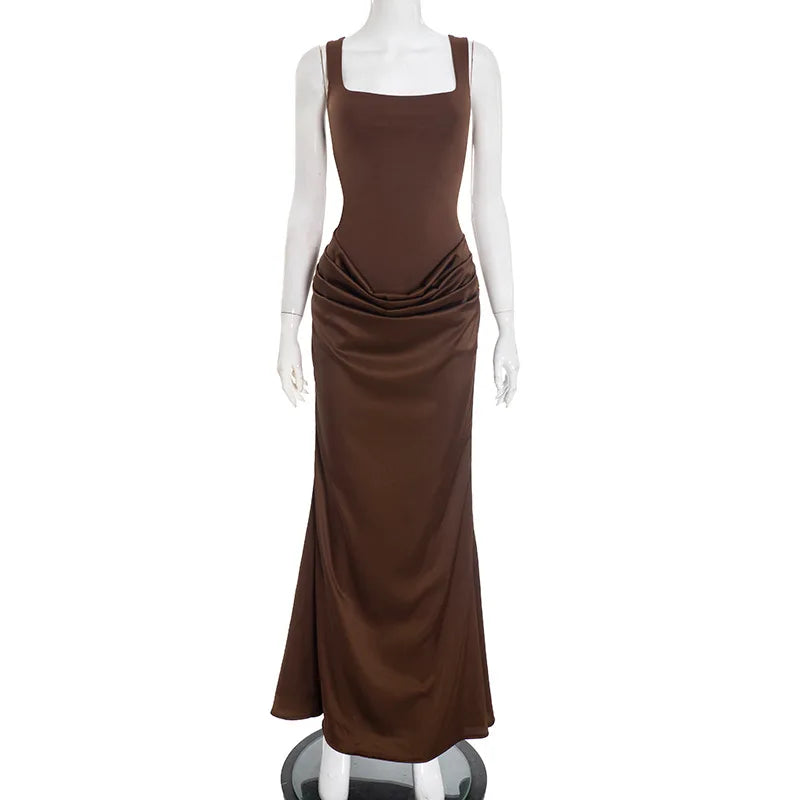 Elegant Y2K Low Cut Maxi Dress for Women Bodycon Ruched Sleeveless Backless Sexy Autumn Winter Party Club Dresses Outfit Gift