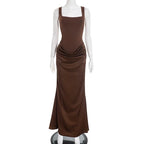 Elegant Y2K Low Cut Maxi Dress for Women Bodycon Ruched Sleeveless Backless Sexy Autumn Winter Party Club Dresses Outfit Gift
