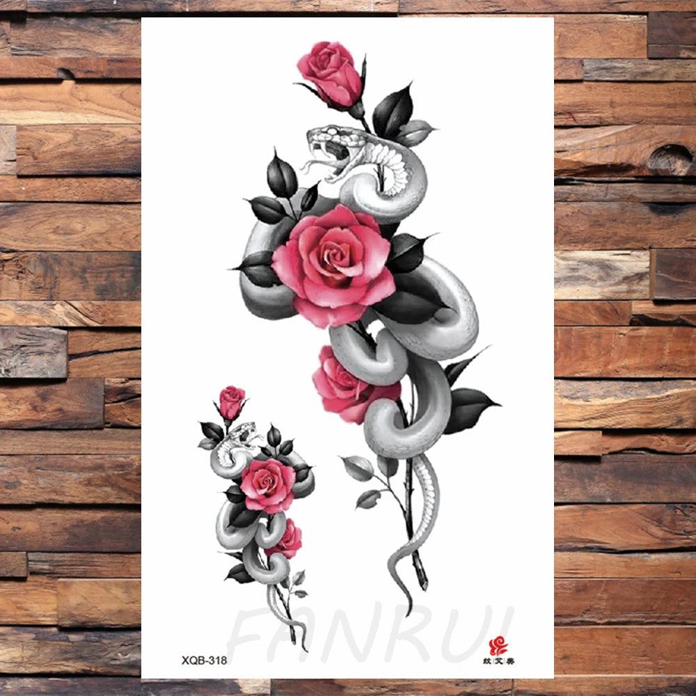 Watercolor Rose Flower Temporary Tattoo For Women Kids Girls Cherry Fake Tattoos Sticker Sexy Lotus Henna Waterproof Tatoo Waist