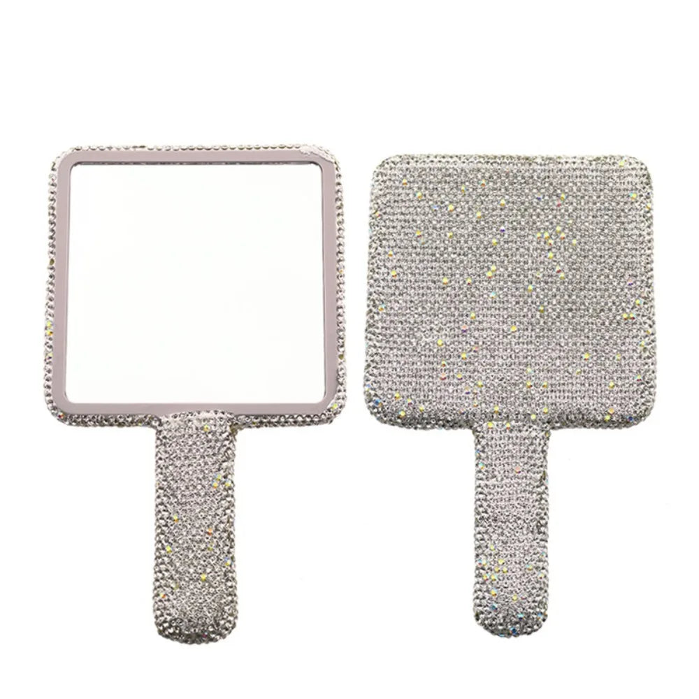 Cute Rhinestone Makeup Mirror Round Square Heart Shape Shiny Bling Cosmetic Hand Mirror Portable with Handle Handheld Mirror