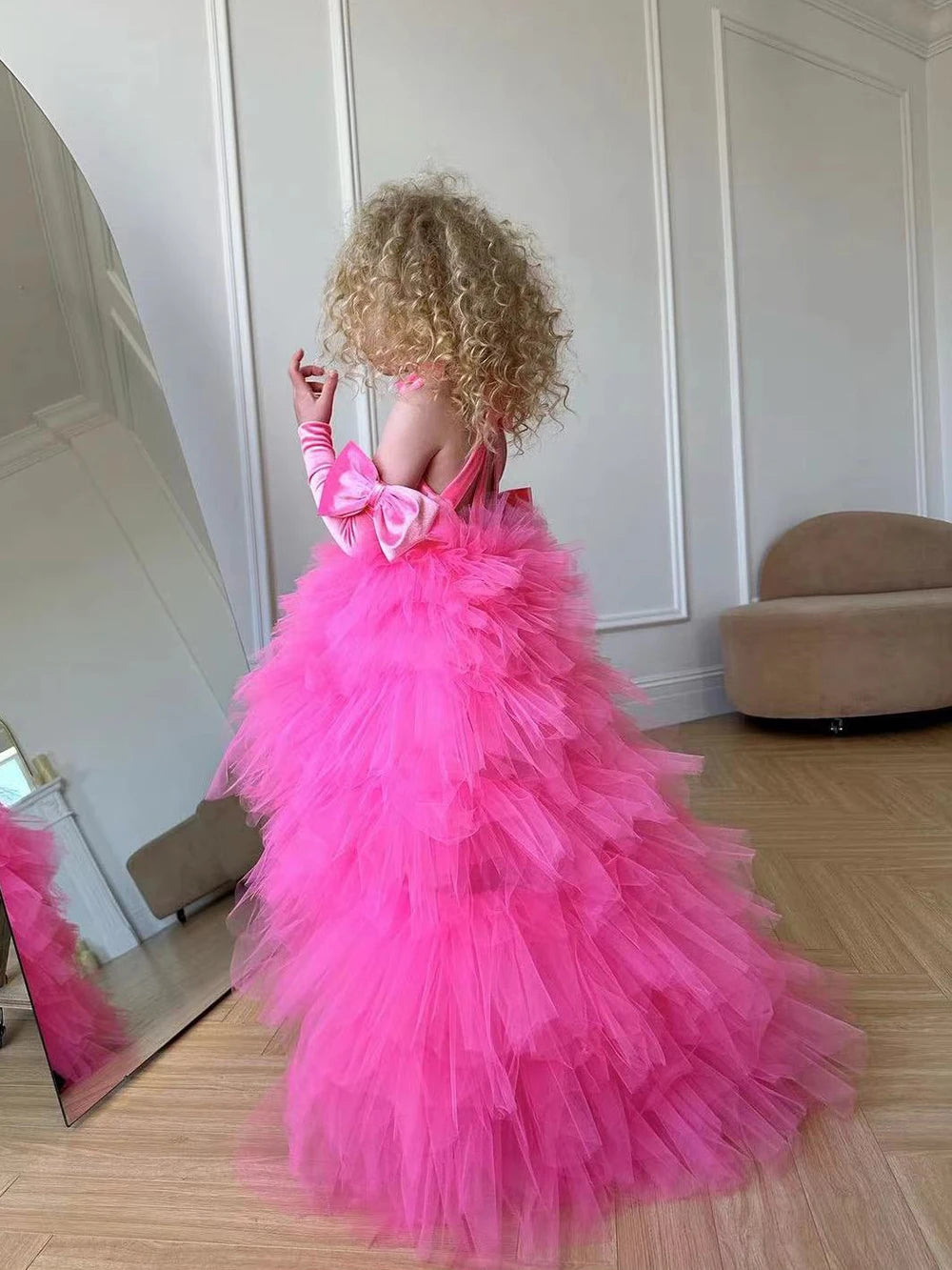 Black Tulle Puffy Flower Girl Dresses For Wedding With Bow Birthday Party Ball Pageant First Communion Dresses for Girls