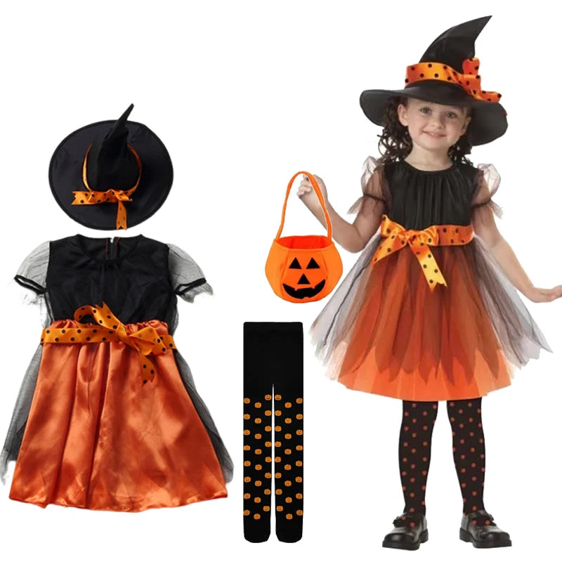2026 Girls Halloween Cosplay Kids Children Pumpkin Costume Witch Dress Clothing Set With Hat Bag