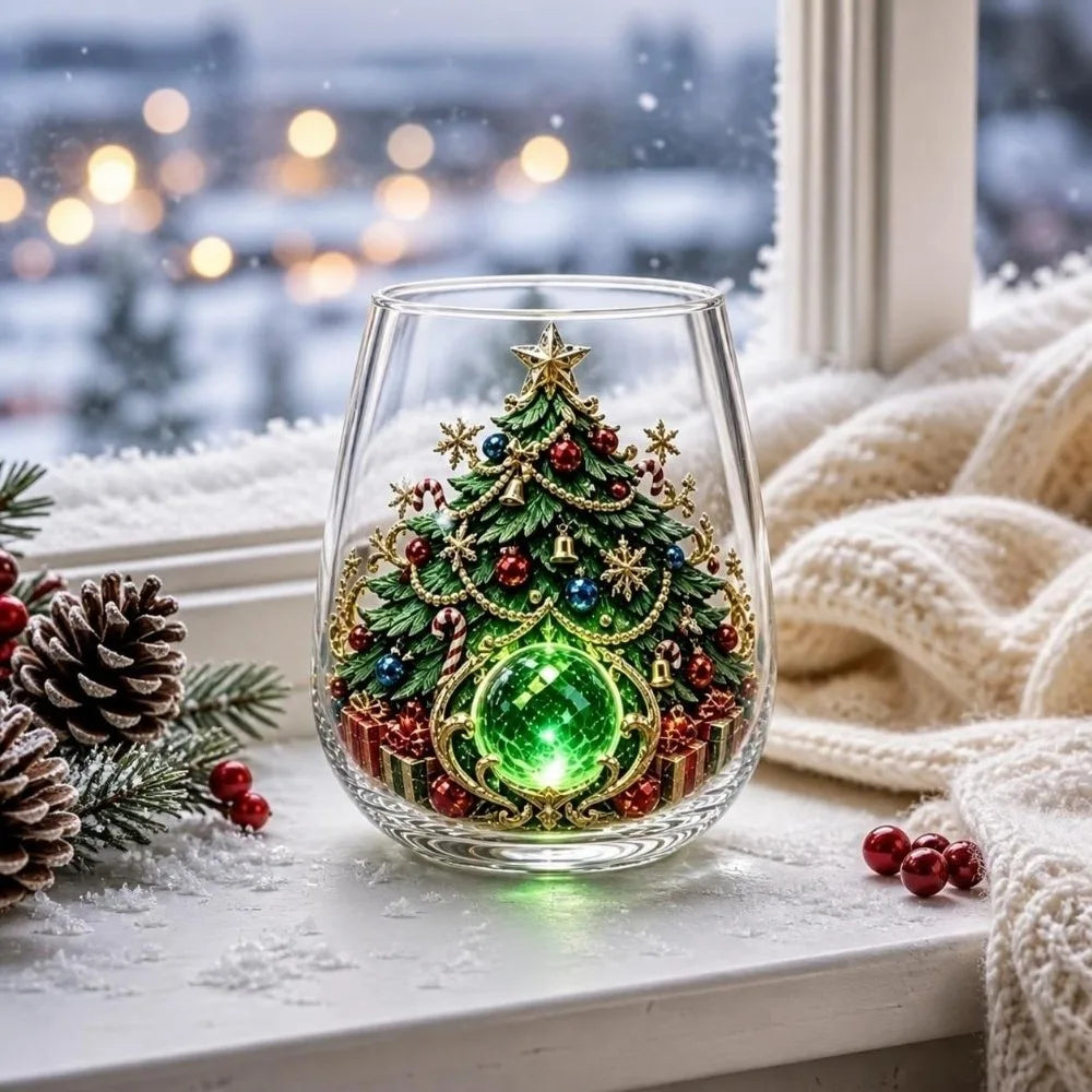 Drinking Glass 2D Print Christmas Wine Glass Snowman Santa Claus Christmas Art Cup Tree Reindeer Clear Stemless Glass Gifts