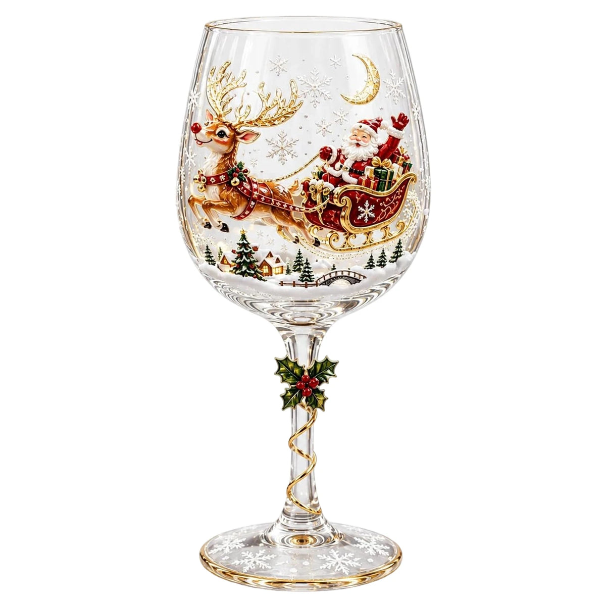 Holiday Stemware Christmas Wine Glass 2D Art Santa Snowman Reindeer Clear Goblet Party Cup